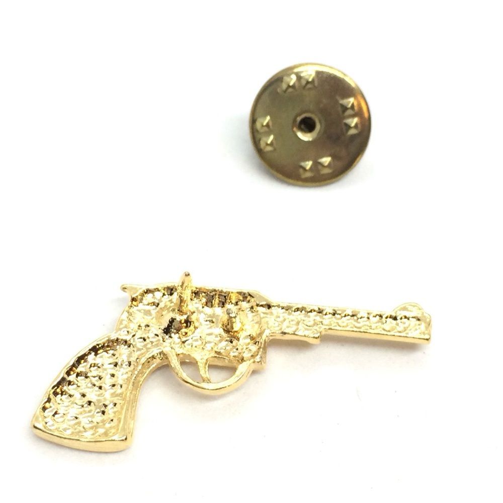 VINTAGE REVOLVER GUN TIE TACK LAPEL PIN GOLD TONE WESTERN COWBOY - Picture 9 of 12